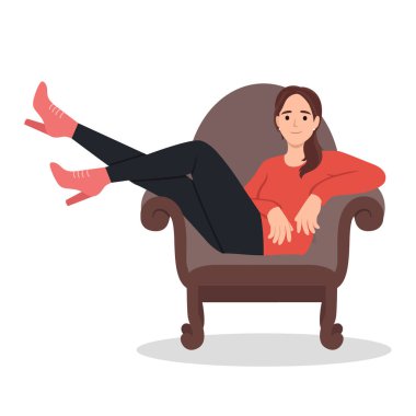 Taç giymiş kendine güvenen genç bir kadın sandalyede oturuyor. Altın aksesuarlı gülümseyen kız özgüven ve yüksek özgüven gösteriyor. Düz vektör çizimi beyaz arkaplanda izole edildi