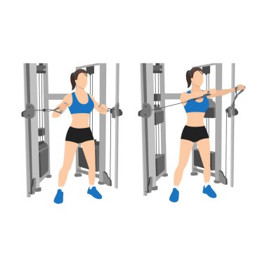 Kablolu göğüs egzersizi yapan kadın, beyaz arka planda izole edilmiş düz vektör çizimi. Göğüs egzersizi.