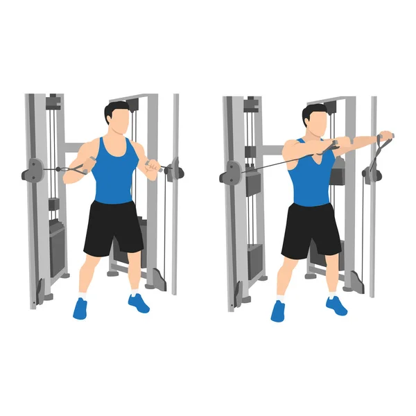 男人做站立电缆胸压练习 平面矢量在白色背景上孤立 胸肌运动 — 图库矢量图片