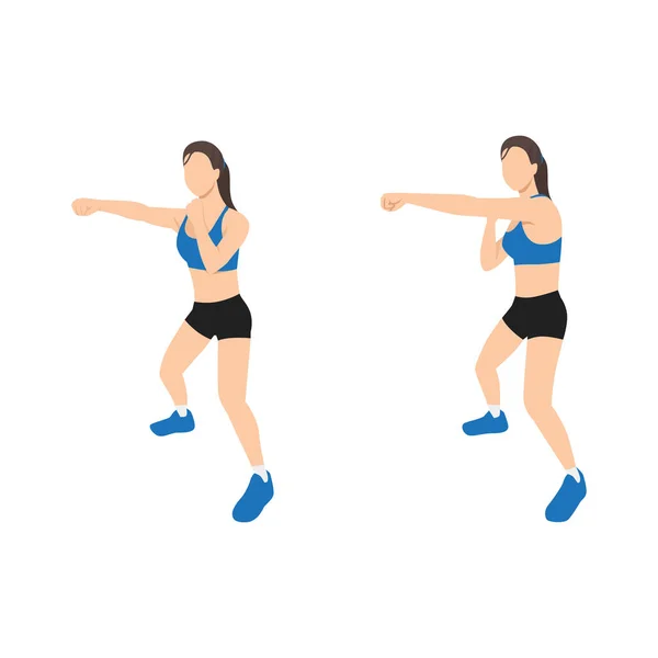 Femme Faisant Demi Squat Jab Cross Exercice Illustration Vectorielle Plate — Image vectorielle