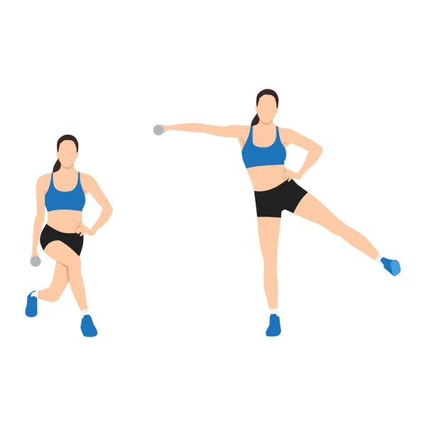 Woman Doing Curtsy Lunge Side Kick Lateral Raise Exercise Flat — Stock Vector