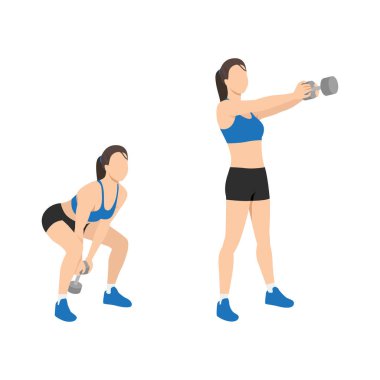 Dumbbell salıncak egzersizi yapan kadın. Düz vektör çizimi beyaz arkaplanda izole edildi. çalışma karakter kümesi