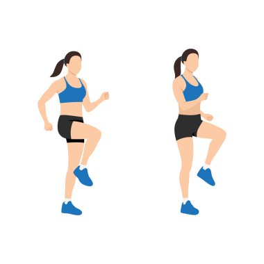 Kadın koşma egzersizi yapıyor. Düz vektör çizimi beyaz arkaplanda izole edildi