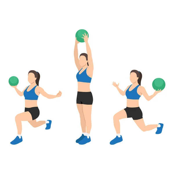 Woman Doing Reverse Lunge Medicine Ball Overhead Press Exercise Flat — Stock Vector