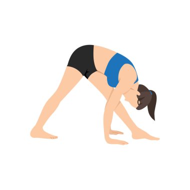 Kadın yoğun yan esneme hareketi yapıyor. Parsvottanasana egzersizi yapıyor. Düz vektör çizimi beyaz arkaplanda izole edildi