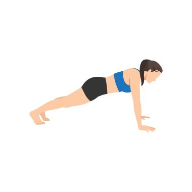 Plank pozu veren kadın phalakasana egzersizi yapıyor. Düz vektör çizimi beyaz arkaplanda izole edildi