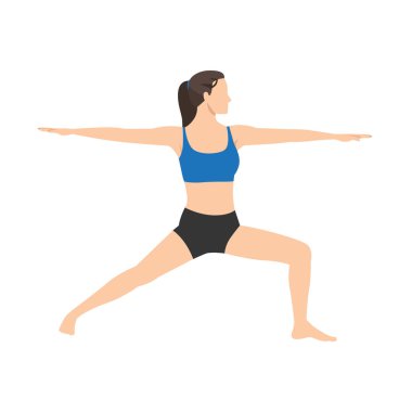 Savaşçı II pozu veren kadın Virabhadrasana II egzersizi yapıyor. Düz vektör çizimi beyaz arkaplanda izole edildi