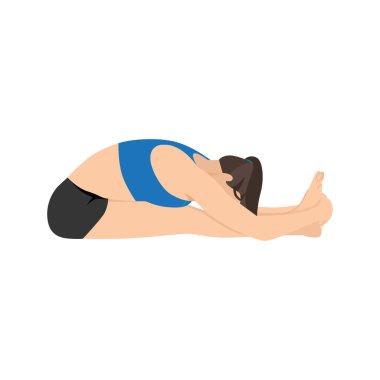 Paschimottanasana yapan kadın öne eğilip egzersiz yapıyor. Düz vektör çizimi beyaz arkaplanda izole edildi