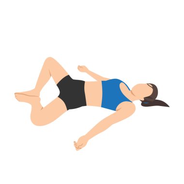 Yatağa uzanan kadın, Gupta Buddha Konasana egzersizi yapıyor. Düz vektör çizimi beyaz arkaplanda izole edildi
