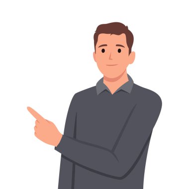 Yakışıklı iş adamı parmaklarını sol üst köşesinde ve sağ üst köşesinde gösteriyor ve işaret ediyor. Mutlu ifade tavsiyeleri için bu kopya alanını kullanın. Düz vektör çizimi beyaz arkaplanda izole edildi