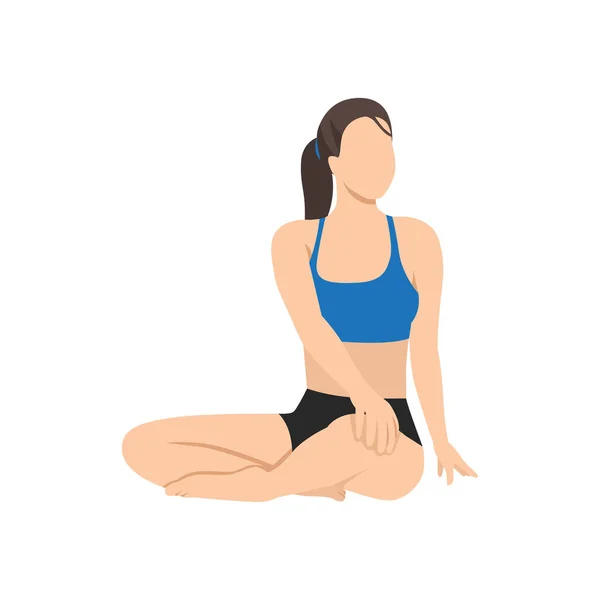 Woman Doing Seated Spinal Twist Pose Parivrtta Sukhasana Exercise Flat — Stock Vector