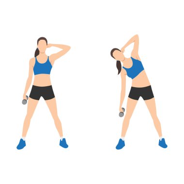 Dumbbell Side bend egzersizi yapan bir kadın. Düz vektör çizimi beyaz arkaplanda izole edildi