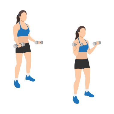 Bicep bukle egzersizi yapan bir kadın. Düz vektör çizimi beyaz arkaplanda izole edildi