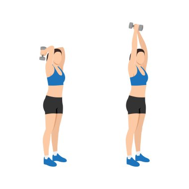 Dumbbell trisepsi uzatma egzersizi yapan kadın. Düz vektör çizimi beyaz arkaplanda izole edildi