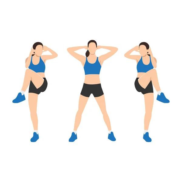 Woman Doing Standing Criss Cross Crunches Exercise Flat Vector Illustration — Stock Vector