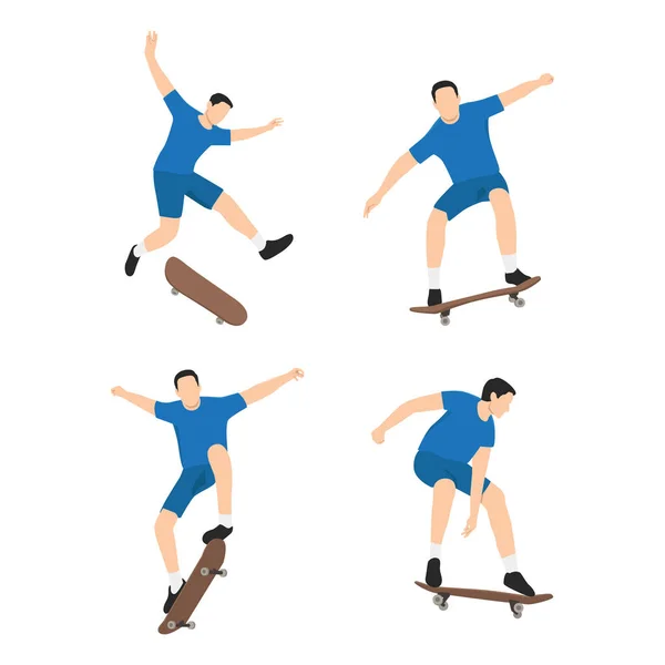 Conjunto Skatistas Homem Fazer Exercício Skate Ilustração Vetorial Plana Isolada — Vetor de Stock