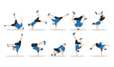 Breakdance dansçılarının erkek karakteri. Düz vektör çizimi beyaz arkaplanda izole edildi