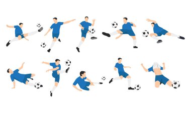 Futbolcu ya da futbolcu farklı varyasyonlar yapıyor. Düz vektör çizimi beyaz arkaplanda izole edildi