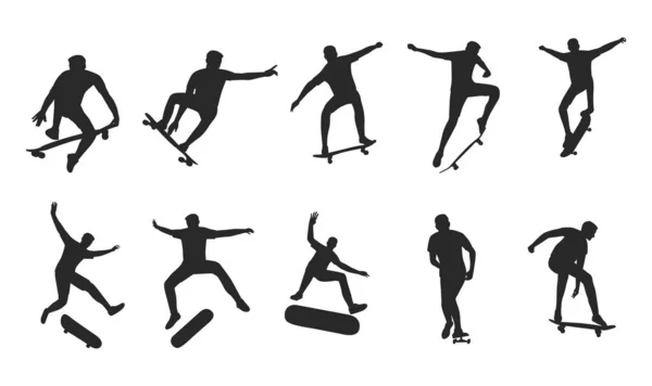 Set Skateboarder Man Melakukan Latihan Skateboard Ilustrasi Vektor Datar Diisolasi - Stok Vektor