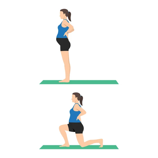 Side View Pregnant Woman Doing Reverse Lunges Prenatal Fitness Flat — Stock Vector