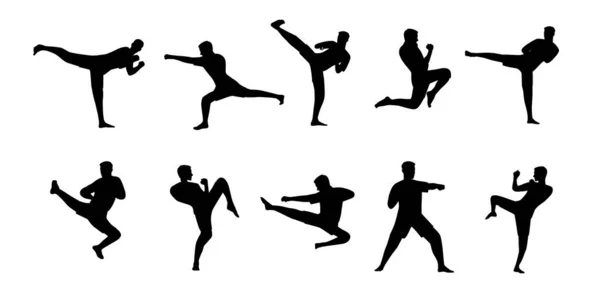 Set Pria Karate Melakukan Beberapa Gerakan Karate Ilustrasi Vektor Datar - Stok Vektor
