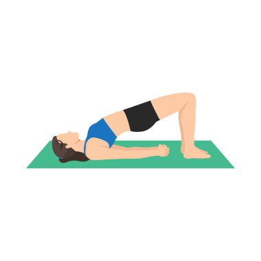 Köprü egzersizi yapan bir kadın. Düz vektör çizimi beyaz arkaplanda izole edildi