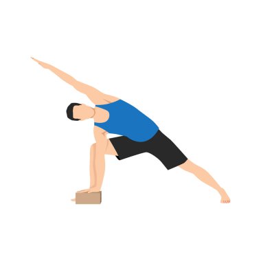 Uzatılmış kenar açı yapan adam Utthita Parsvakonasana egzersizi yapıyor. Düz vektör çizimi beyaz arkaplanda izole edildi