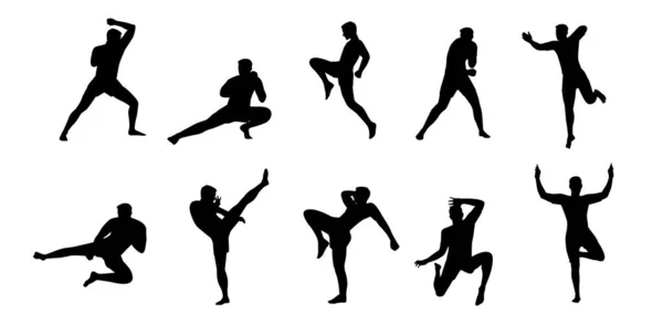 Set Von Muay Thai Figuren Verschiedenen Posen Kampfsportler Flache Vektordarstellung — Stockvektor