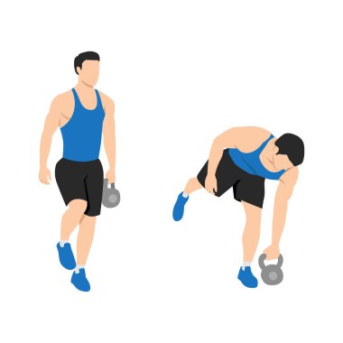 Kettlebell 'e tek bacaklı kaldırma egzersizi yapan adam. Düz vektör çizimi beyaz arkaplanda izole edildi