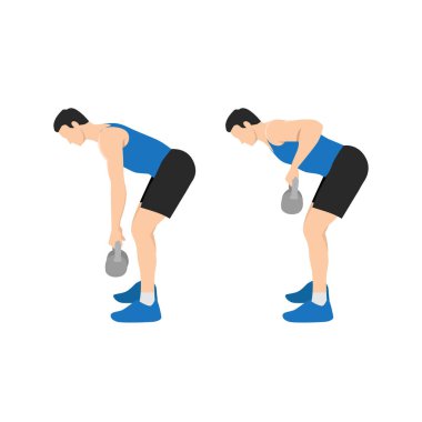İki Kol Kettlebell Row egzersizi yapan adam. Düz vektör çizimi beyaz arkaplanda izole edildi. çalışma karakter kümesi