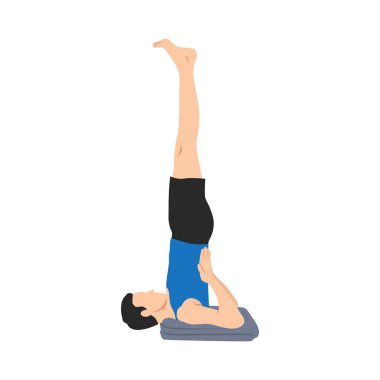 Omuz duruşu yapan adam salam sarvangasana egzersizi yapıyor. Düz vektör çizimi beyaz arkaplanda izole edildi