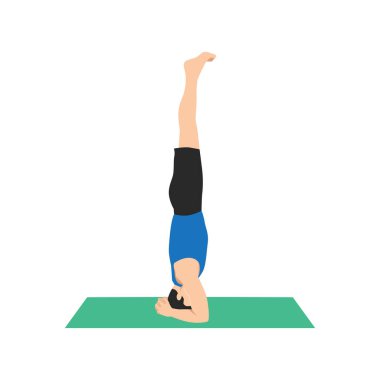 Yoga yapan bir adam, salamba sirsasana egzersizinde duruyor, amuda kalkıyor, spor yapıyor, beyaz arka planda izole edilmiş düz vektör çizimi yapıyor.