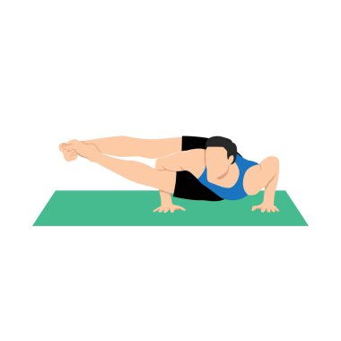 Yoga yapan, kol duruşu yapan Astavakrasana, asimetrik kol dengesi 8 köşeli poz veren bir adam. Düz vektör çizimi beyaz arkaplanda izole edildi