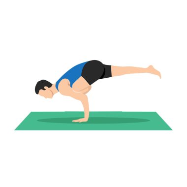 Yoga, pilates, fitness eğitimi, Asana Eka Pada Galavasana, Uçan Güvercin veya Uçan Karga Pozu, Tek Bacaklı Denge. Düz vektör çizimi beyaz arkaplanda izole edildi
