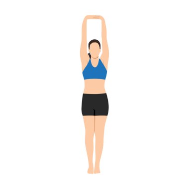 Palmiye Ağacı Pozu, Yukarı El Germe Pozu, Yukarı Doğru Selamlama, Kaldırılmış Eller Poz, Tadasana Urdhva Baddhanguliyasana, Urdhva Hastasana. Düz vektör çizimi beyaz arkaplanda izole edildi