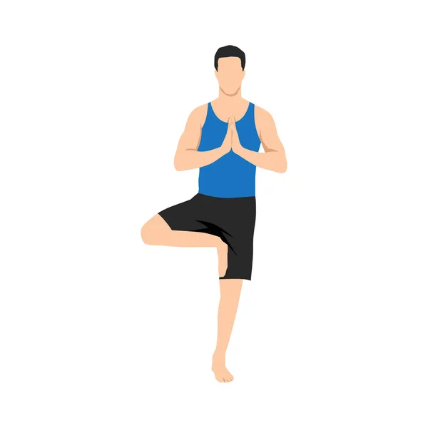 Giovane Uomo Che Pratica Yoga Con Posa Albero Vrksasana Asana — Vettoriale Stock