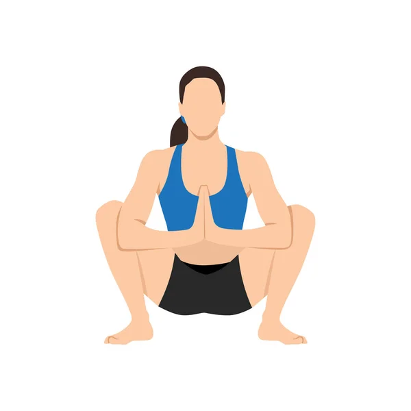 Woman Doing Yoga Sitting Malasana Garland Pose Flat Vector Illustration — Stock Vector