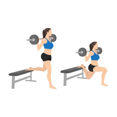 Barbell 'li kadın, İspanyol usulü bölme egzersizi yapıyor. Düz vektör çizimi beyaz arkaplanda izole edildi