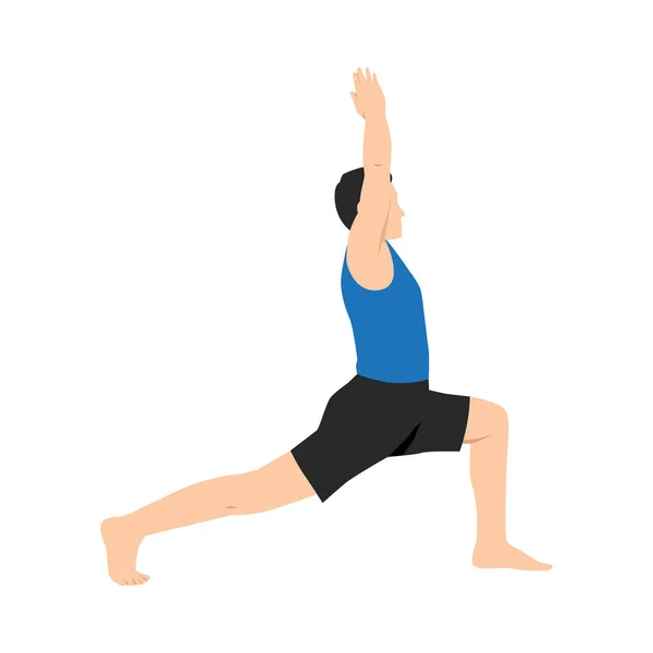 Homme Faisant Crescent Lunge Pose Anjaneyasana Exercice Illustration Vectorielle Plate — Image vectorielle