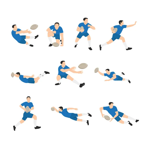 Conjunto Diferentes Jogadores Rugby Ilustração Vetorial Plana Isolada Sobre Fundo — Vetor de Stock