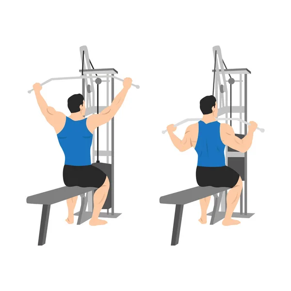 Man Doing Seated Wide Grup Lat Pulldown Flat Vector Illustration — Stock Vector