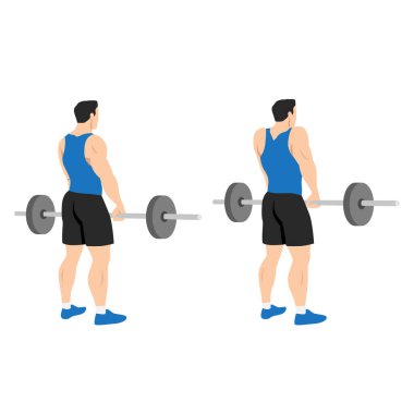 Barbell yapan adam geriye doğru omuz silker. Düz vektör çizimi beyaz arkaplanda izole edildi