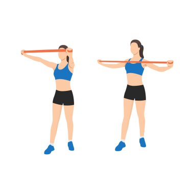 Woman doing Upper back reverse fly with long resistance band exercise. Flat vector illustration isolated on white background clipart