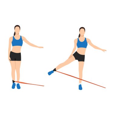 Woman doing Butt. cable standing abduction with long resistance band exercise. Flat vector illustration isolated on white background