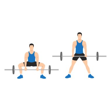 Sumo Halter kaldırma egzersizi yapan adam. Düz vektör çizimi beyaz arkaplanda izole edildi