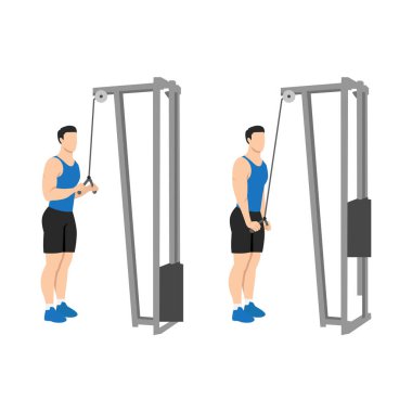 Triceps baskı egzersizi yapan bir adam. Düz vektör çizimi beyaz arkaplanda izole edildi