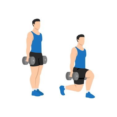 Dumbbell yürüyüşü yapan adam hamlesini yapıyor. Düz vektör çizimi beyaz arkaplanda izole edildi