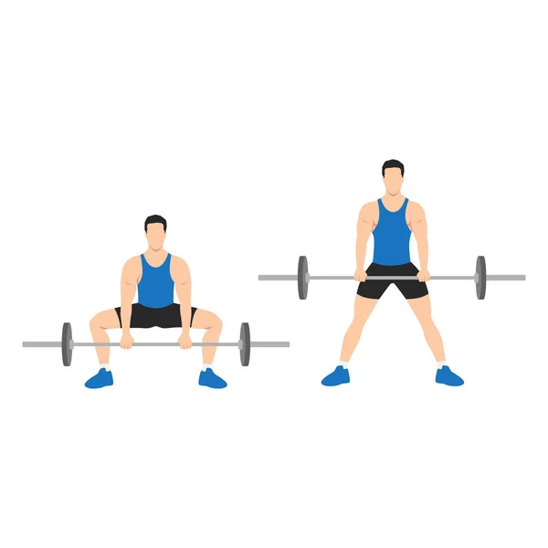 Man Doing Sumo Barbell Deadlifts Exercise Flat Vector Illustration Isolated — Stock Vector
