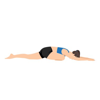Genç kadın güvercin pozu öne eğil, uyuyan kuğu pozisyonu. Kapotasana 2 alıştırması. Düz vektör çizimi beyaz arkaplanda izole edildi