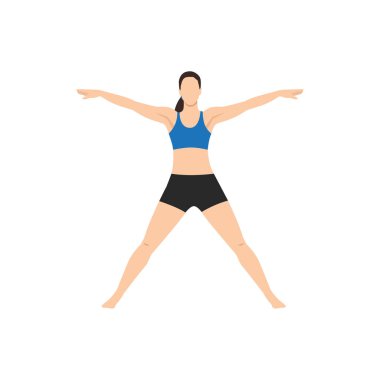 Beş Noktalı Yıldız Pozu, Yıldız Pozu, Utthita Hasta Padasana 'yı oynayan kadın. Utthita Tadasana. Düz vektör çizimi beyaz arkaplanda izole edildi